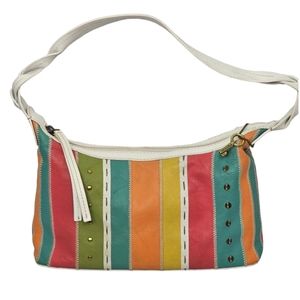 Fossil Leather Multi-Colored Striped Shoulder Bag with Embellishments, EUC
